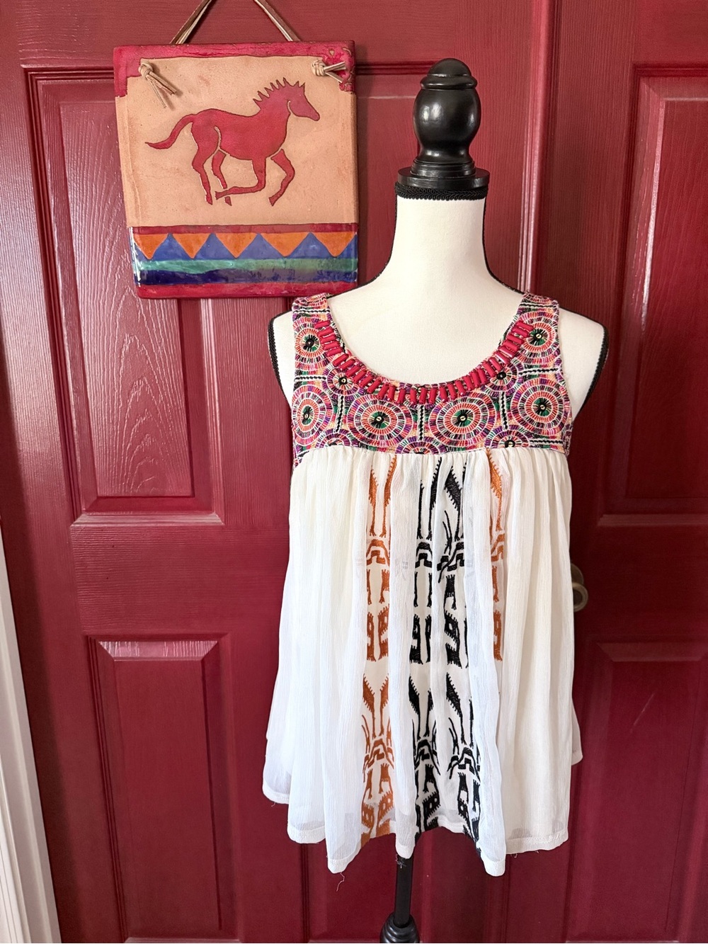Kami + Kin Boho Hippie Top with Embroidery and Beads , Lining - Size M